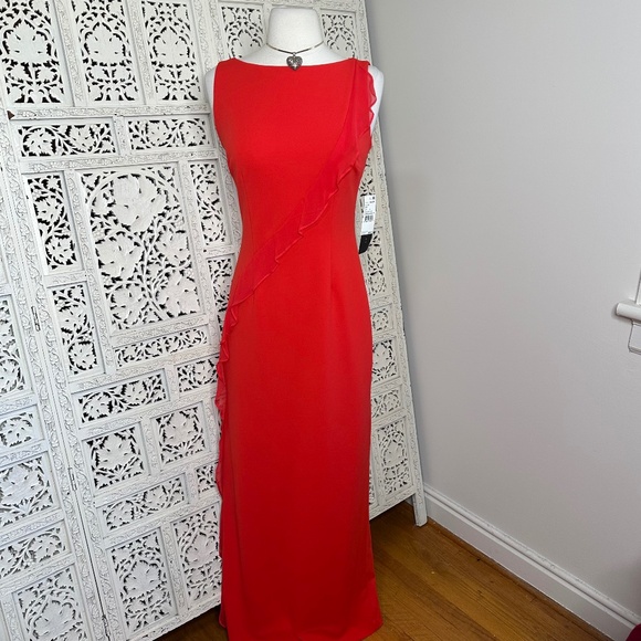 Aiden Mattox NWT Bright Red Boat Neck Mermaid Fitted Silk Ruffle Formal Dress - Picture 1 of 10